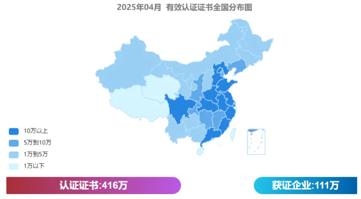 最新全国各省份认证证书数分布(截止2025年4月)
